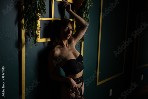 attractive brunette female wearing lingerie in an elegant green and gold room with dramatic lighting