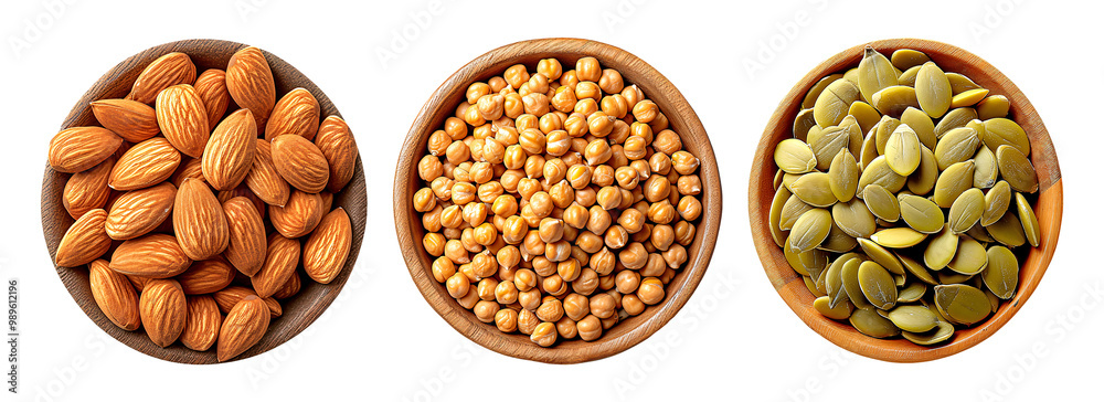 Almonds chickpeas and pumpkin seeds in wooden bowls offer a healthy and diverse selection of snacks and ingredients Almonds chickpeas and pumpkin seeds in wooden bowls offer a healthy and diverse selection of snacks and ingredients