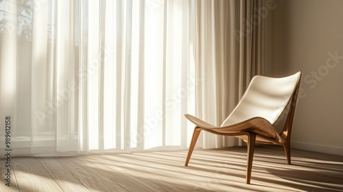 A minimalist wooden chair with clean lines placed by a large window, sunlight streaming through sheer curtains, casting soft shadows on the floor.