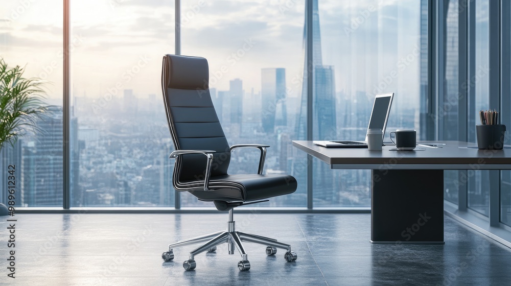 Fototapeta premium A modern office chair with ergonomic design, positioned at a sleek desk with a laptop and a coffee cup, set against a backdrop of an urban city view through the window.