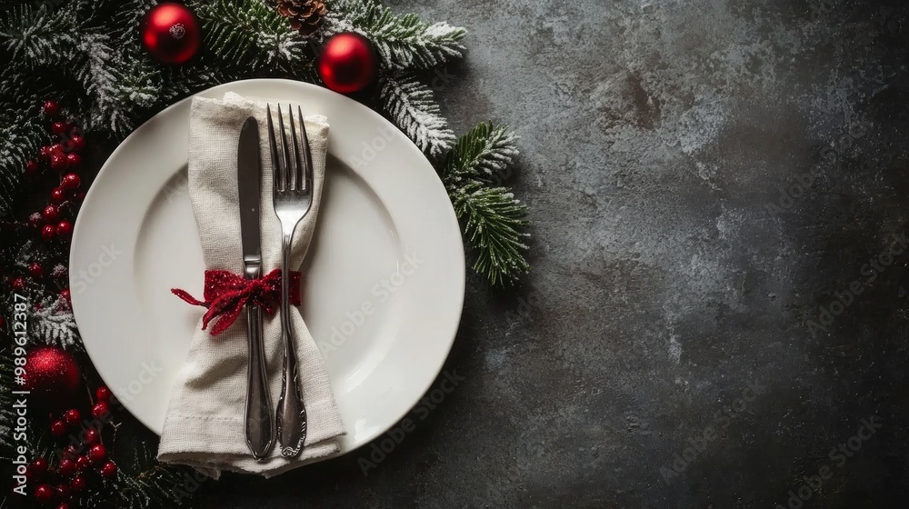 Christmas dinner concept. Christmas plate on the table. Festive Xmas background Christmas dinner concept. Christmas plate on the table. Festive Xmas background