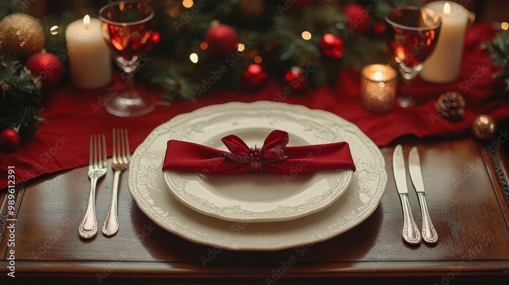 Christmas dinner concept. Christmas plate on the table. Festive Xmas background Christmas dinner concept. Christmas plate on the table. Festive Xmas background