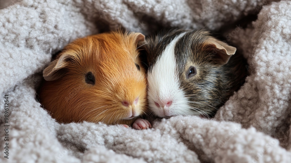 A pair of baby guinea pigs snuggling together in a soft blanket, their fur patterns contrasting adorably. A pair of baby guinea pigs snuggling together in a soft blanket, their fur patterns contrasting adorably.