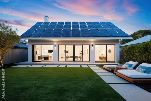 Modern Eco-Friendly Home with Large Rooftop Solar Panel System and Immaculate Garden photo