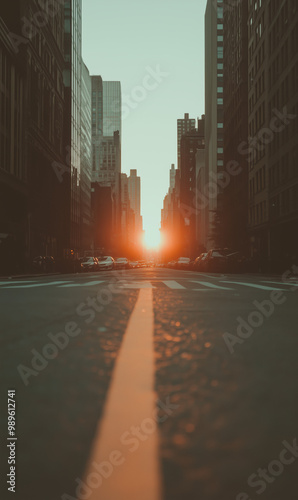 Manhattanhenge Sunset, summer solstice sunrise and the winter solstice sunset. A new york city street at sunset with a car parking down the road. d the sky is orange photo