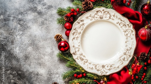 Christmas dinner concept. Christmas plate on the table. Festive Xmas background