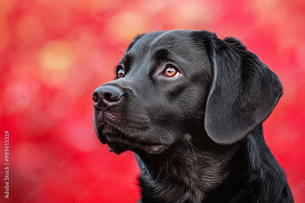 close-up portrait of a black dog with soft lighting highlighting its features, set against a dramatic red backdrop close-up portrait of a black dog with soft lighting highlighting its features, set against a dramatic red backdrop