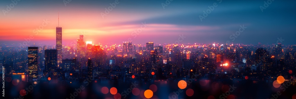 Obraz premium Serene cityscape at dusk, softly glowing lights illuminate a gently blurred skyline, creating a tranquil urban atmosphere.