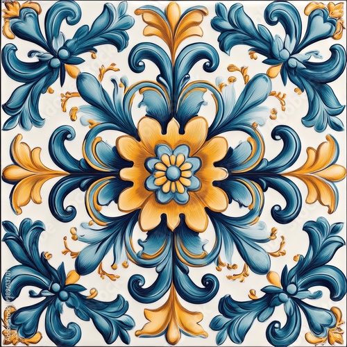 Classic Vietri tile from the Amalfi Coast, Italian, with lemons and decorations
