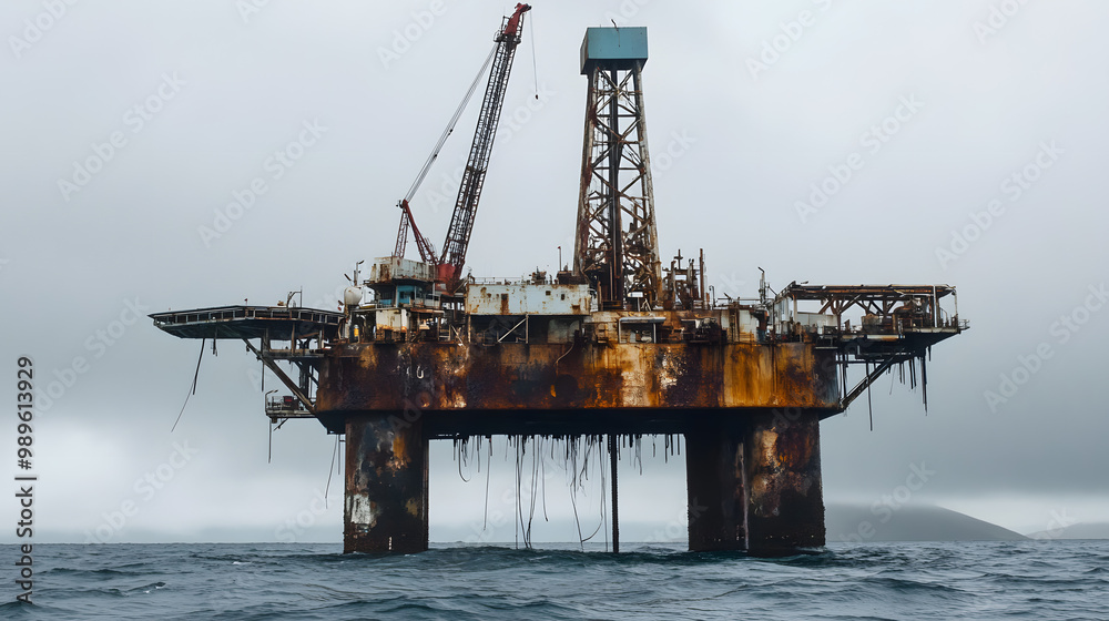A decaying oil rig in the ocean rusting and leaking pollutants. A decaying oil rig in the ocean rusting and leaking pollutants.