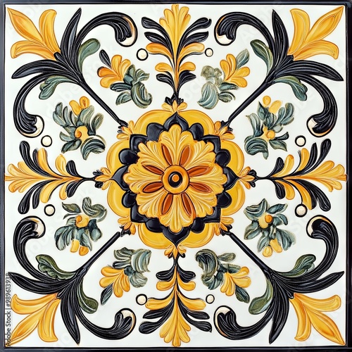 Classic Vietri tile from the Amalfi Coast, Italian, with lemons and decorations
 photo