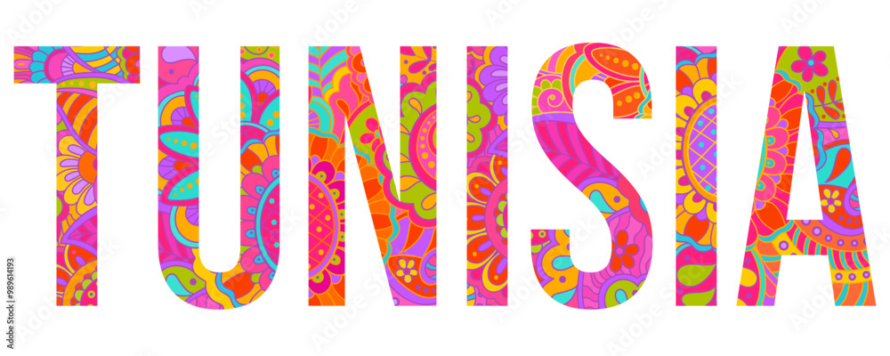 Tunisia country creative text design filled with colorful doodle pattern Tunisia country creative text design filled with colorful doodle pattern