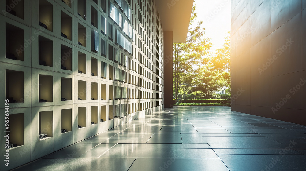 Sunlit outdoor columbarium corridor with modern architecture Sunlit outdoor columbarium corridor with modern architecture