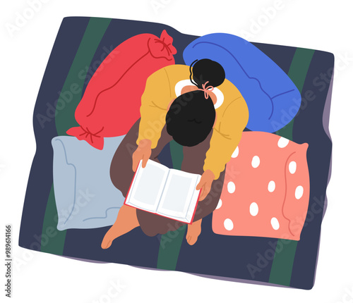 Woman Character Relaxing And Reading A Book View From Above Surrounded By Colorful Cushions Conveys A Sense Of Comfort