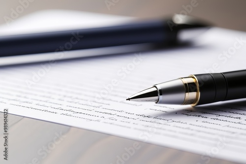 A close-up of a pen poised over a signed document on a wooden table during a quiet afternoon