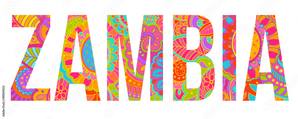 Fototapeta premium Zambia country creative text design filled with colorful doodle pattern