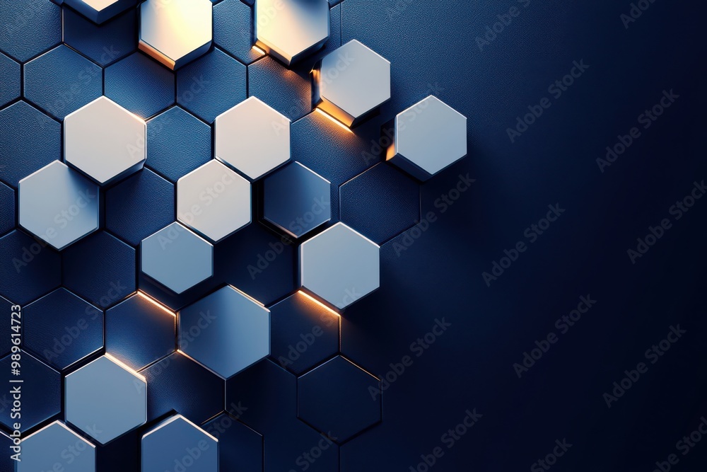 Abstract  illustration of white hexagons on a dark background with glowing edges creating a futuristic and modern 3D geometric pattern