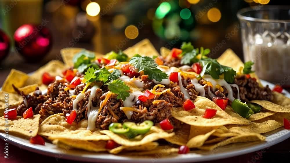 Large plate of nachos topped with cheese, meat, peppers, and cilantro is being served with a christmas tree in the background Large plate of nachos topped with cheese, meat, peppers, and cilantro is being served with a christmas tree in the background