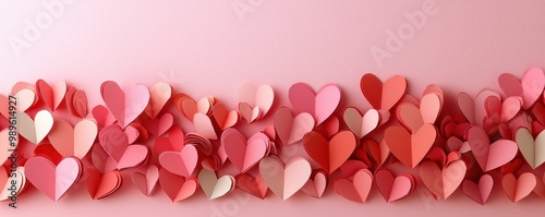 A vertical frame made of pink and red paper heart cutouts, symbolizing love and romance on a soft pink background photo