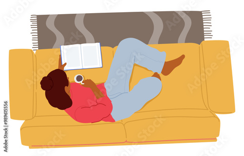 Relaxed Woman Reading A Book On A Comfortable Couch With A Warm Drink. Setting Is Cozy, With A Blanket Draped