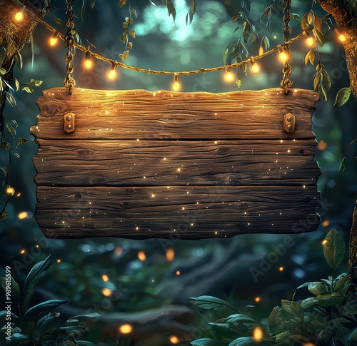 Wooden sign with glowing lights hanging from a tree in a magical forest setting