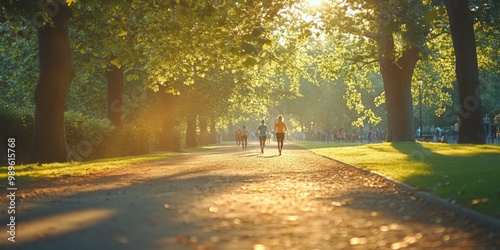 Serene Park Pathway, peaceful trail in a lush park, individuals jogging and walking, gentle blur of trees and nature in the background