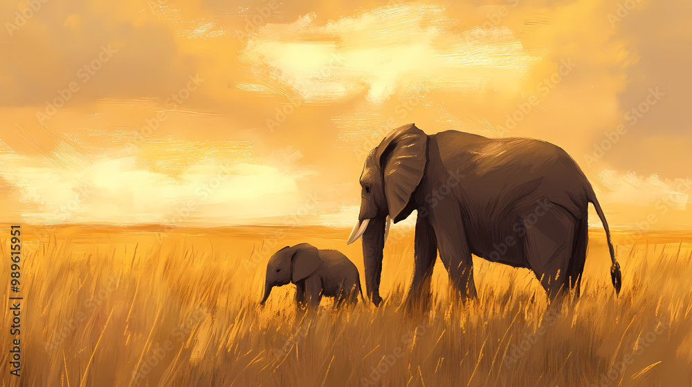 Fototapeta premium A tender moment between mother and baby elephant. Savannah Grasslands. Illustration