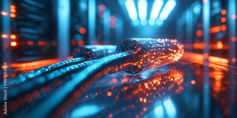 Fiber optic cables illuminated, transitioning into a softly glowing server room, showcasing advanced technology and connectivity. Fiber optic cables illuminated, transitioning into a softly glowing server room, showcasing advanced technology and connectivity.