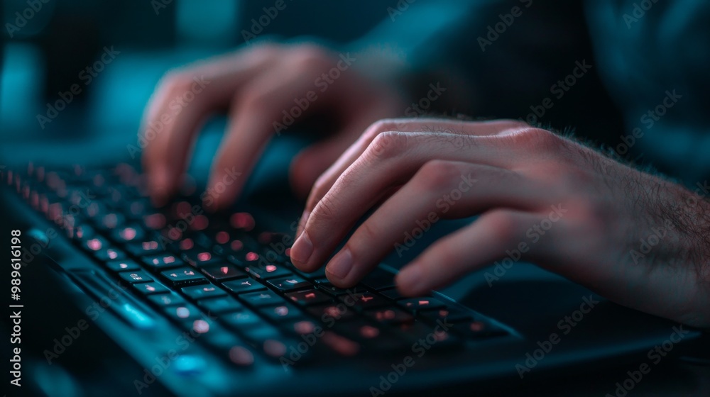 A close-up view of hands typing on a backlit keyboard, evoking a focus on technology and digital communication. A close-up view of hands typing on a backlit keyboard, evoking a focus on technology and digital communication.