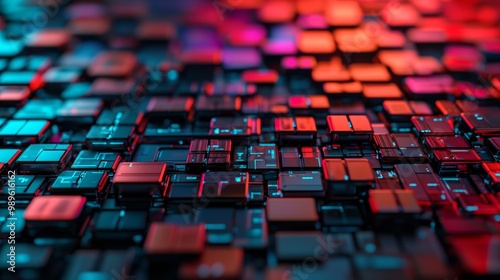 A close-up view of an array of computer chips illuminated with vibrant red and blue lighting, creating a dynamic and futuristic atmosphere.