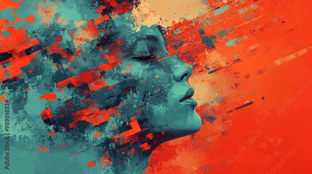 An abstract portrait of a woman’s profile, blending vibrant colors and ...