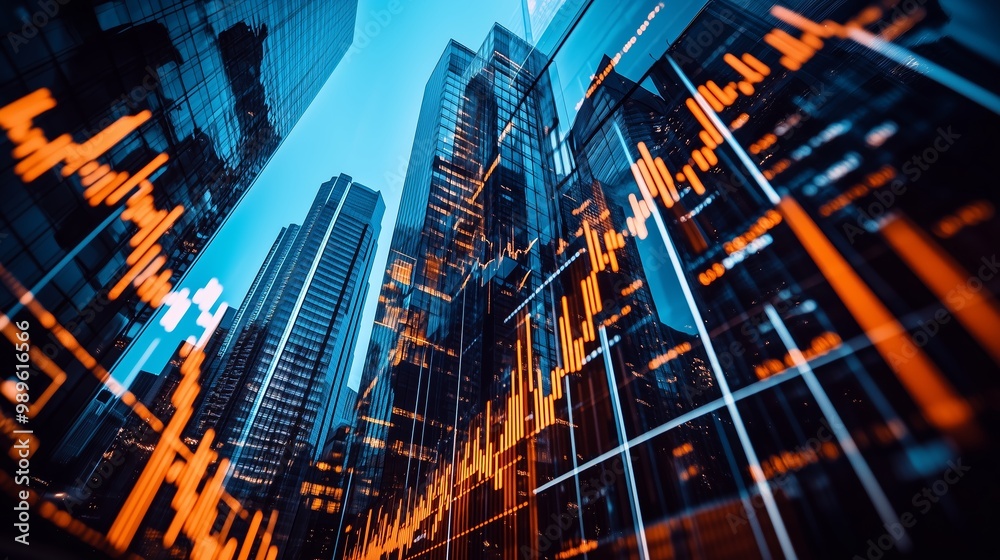 Urban financial district at dusk showcasing stock market trends through digital overlay on skyscrapers Urban financial district at dusk showcasing stock market trends through digital overlay on skyscrapers