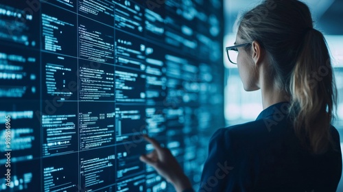 A woman analyzes data displayed on a large digital screen, showcasing a high-tech environment revolving around data science and analytics.