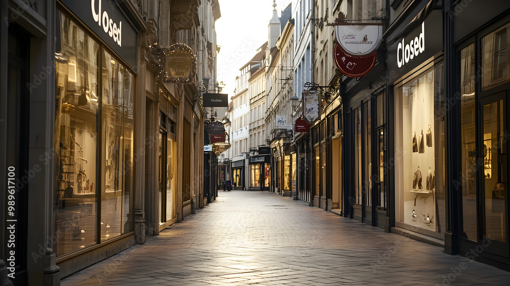 Obraz premium A deserted shopping street in a European city with Closed signs in boutique windows and empty walkways.