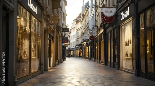 A deserted shopping street in a European city with Closed signs in boutique windows and empty walkways.