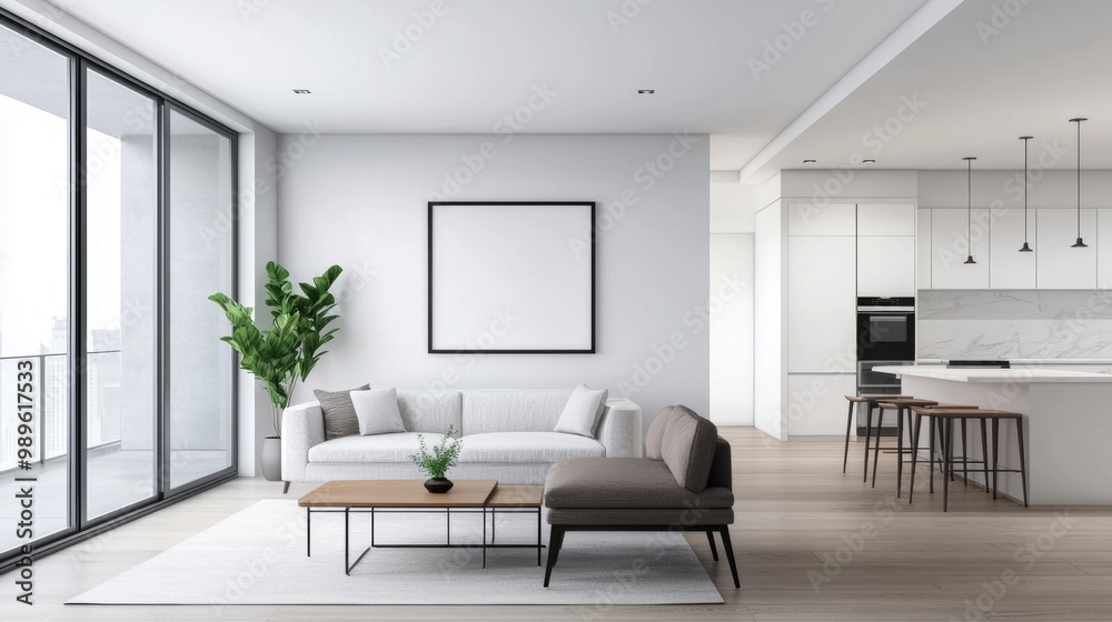 Fototapeta premium A modern, minimalist living room featuring a light sofa, wooden coffee table, and large windows, creating a bright and airy atmosphere.