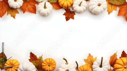 A cozy flat lay with white pumpkins and vibrant fall leaves against a clean white backdrop.