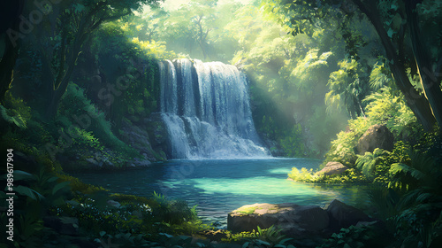 A gentle waterfall flowing into a secluded lagoon in the hidden forest. Hidden Waterfall. Illustration photo