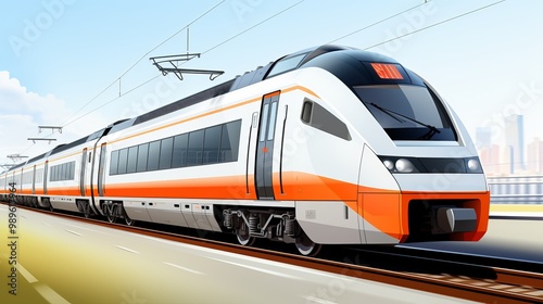 Modern high-speed train traveling on elevated tracks in a vibrant urban setting during daylight