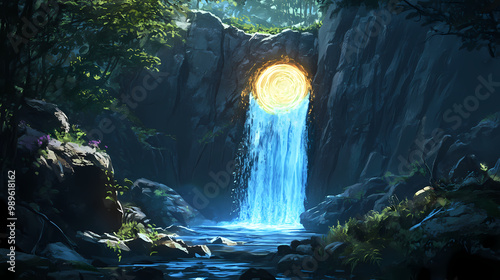 A glowing portal crackling with energy hidden behind a waterfall in a secluded cave. Hidden Waterfall. Illustration photo