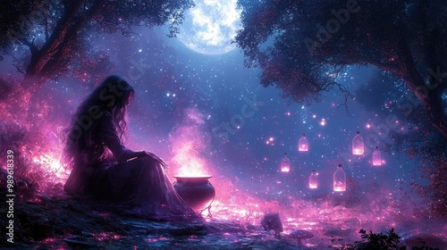 A mystical witch brewing a potion in a cauldron, surrounded by enchanted forest creatures, glowing mushrooms, and floating potion bottles, all under a full moon