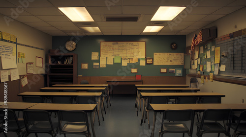 A dimly lit American classroom with outdated textbooks and sparse supplies teachers appearing worried.