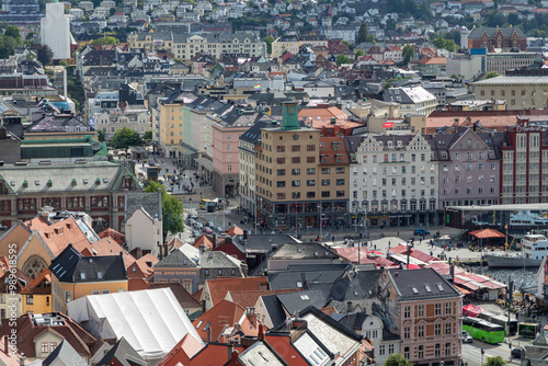 View of the Vågen Bay Inner Harbor and Rooftops of Bergen and Nordnes Peninsula, Norway from Atop Mount Floyen photo