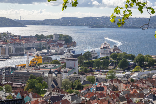 View of the Vågen Bay Harbor and Cruise Ship Terminal of Bergen and Nordnes Peninsula, Norway from Atop Mount Floyen photo