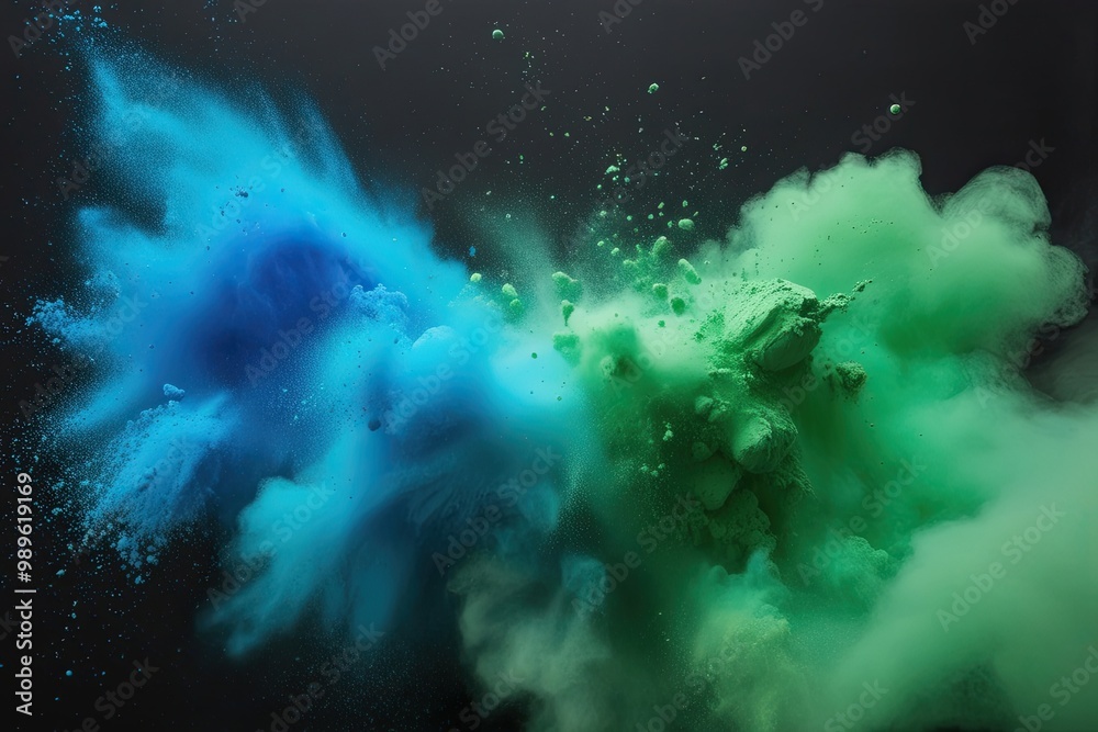 Colorful Festival Powder Burst in Blue and Green on Dark Background