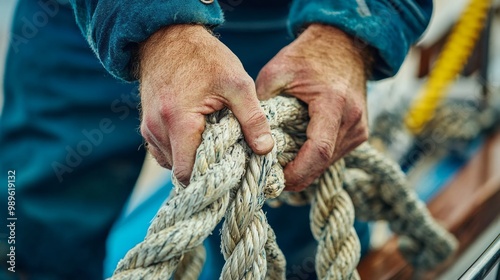 Detail of hands cleating off superyacht mooring lines on the foredeck with teak deck and stainless steel fittings