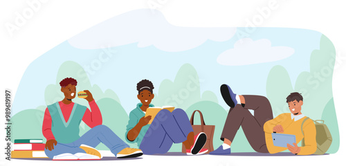 Young University Students Enjoying Leisure Time Together Outside. They Are Reading Books And Using Technology