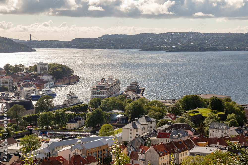 Fototapeta premium View of the Vågen Bay Harbor of Bergen and Nordnes Peninsula, On a Summer Evening, Norway from Atop Mount Floyen