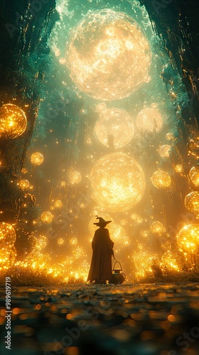 A mystical witch brewing a potion in a cauldron, surrounded by enchanted forest creatures, glowing mushrooms, and floating potion bottles, all under a full moon.