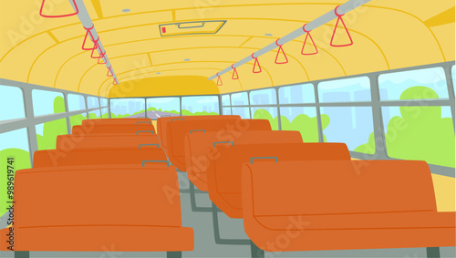 Empty School Bus Interior With Bright Orange Seats And Large Windows. Yellow Ceiling And Green View Outside